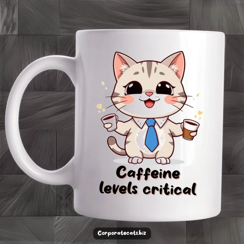 Funny cat character with a tiny tie, grinning while juggling coffee cups, representing busy mornings and coffee-fueled humor, ideal for a gift.