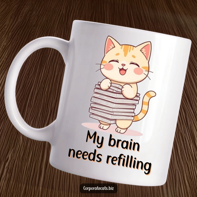 Funny mug featuring a clumsy cat precariously balancing a tall stack of papers, looking stressed but cute.