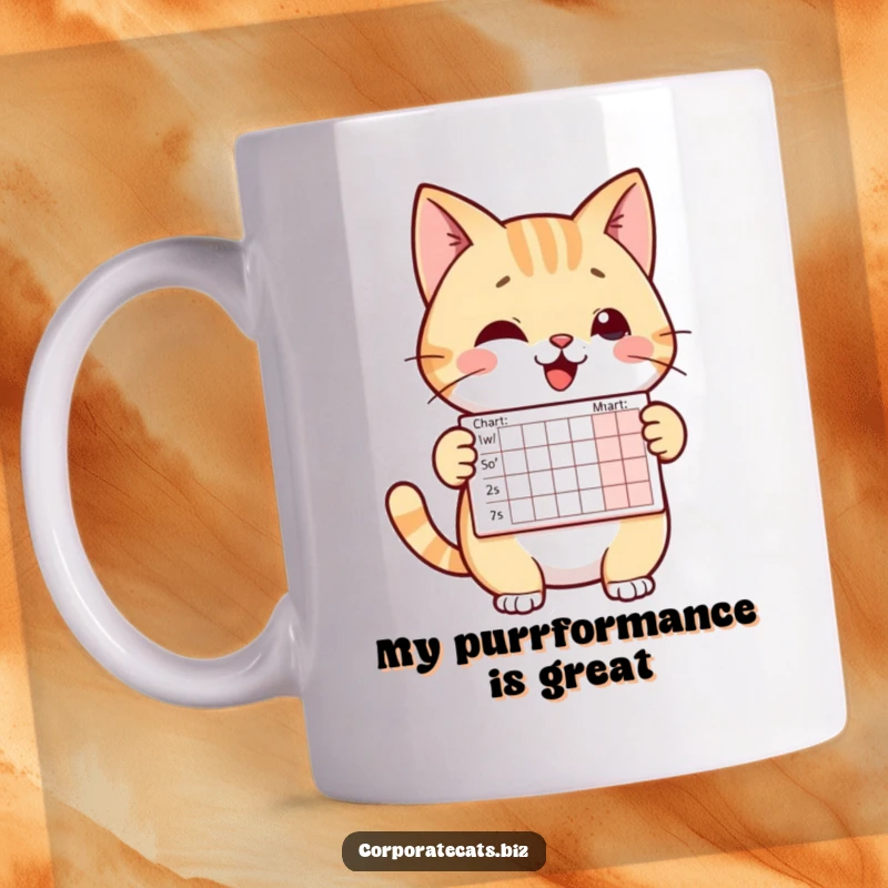 Funny cheerful cat character proudly presenting a small, simplified chart. Professional yet amusing design.