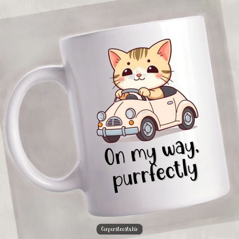 Funny cute cat character happily driving a miniature toy car. Whimsical and charming design.