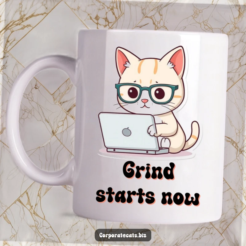 Funny focused cat wearing tiny glasses, typing on a miniature laptop, symbolizing intense concentration and intellectual pursuit for a humorous gift.