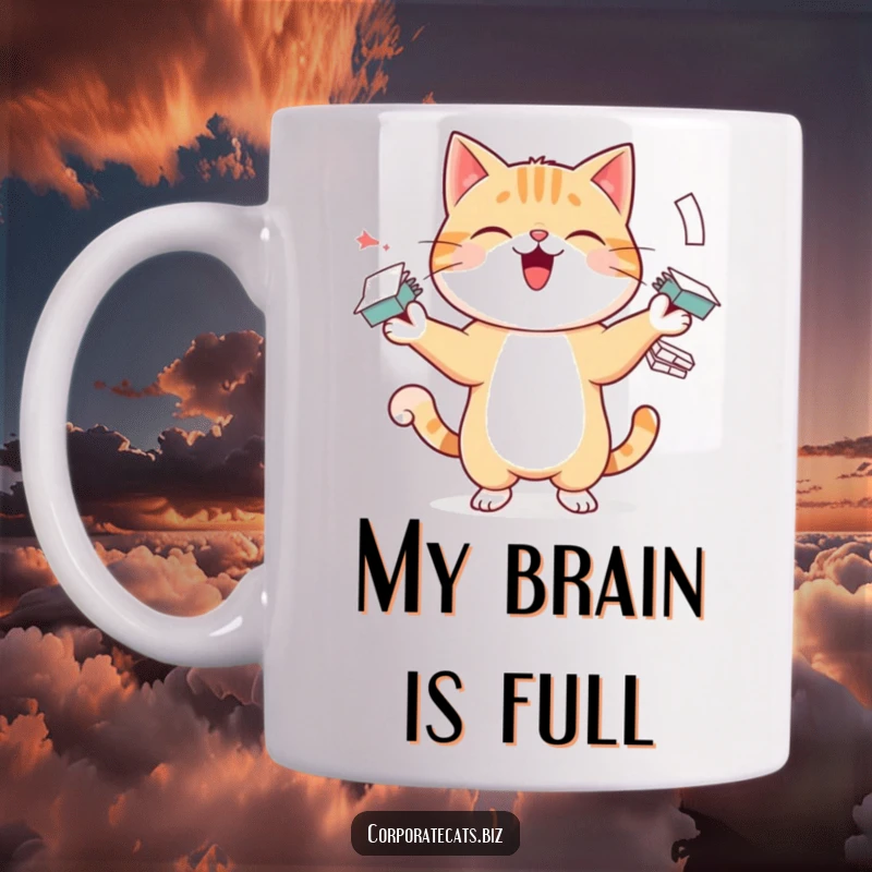 Funny mug with a cheerful cat character expertly juggling stacks of papers, conveying a sense of playful chaos and productivity.