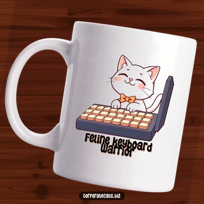 Funny keyboard cat mug, a small cat in a bowtie giggling while typing on a huge keyboard, representing tech struggles humorously.