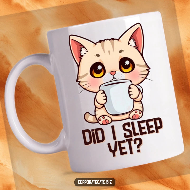Funny mug featuring a surprised cat with wide eyes, clutching a coffee cup, expressing morning shock humor.
