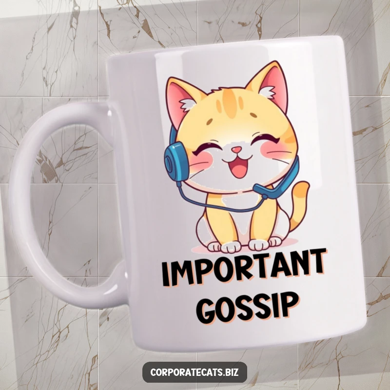 Funny mug depicting a delighted cat wearing a headset and on a pretend phone call, radiating helpfulness and humor.