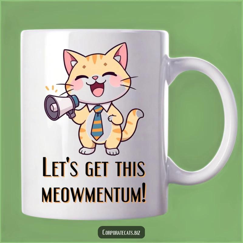 Funny Excited Cat Businessman Mug: Cheerful Feline in Tie with Megaphone, Perfect Funny Gift!