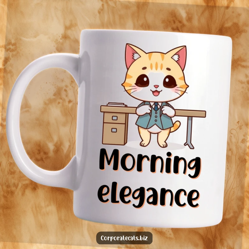 Funny mug depicting a smiling cat wearing a tiny suit and crossing legs elegantly, exuding sophistication and humor.
