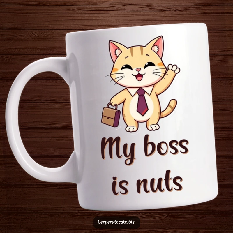 Funny executive cat mug showing a smiling cat in a tie waving a tiny briefcase, ready for a business meeting.