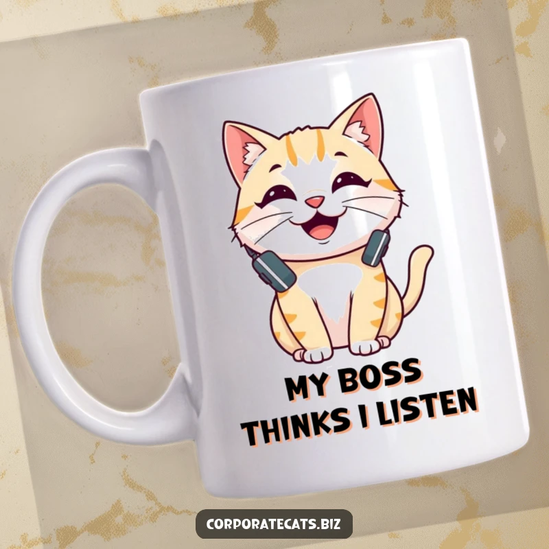 Funny mug featuring a cheerful cat wearing a small headset, appearing to happily converse, a perfect gift for chatty people.