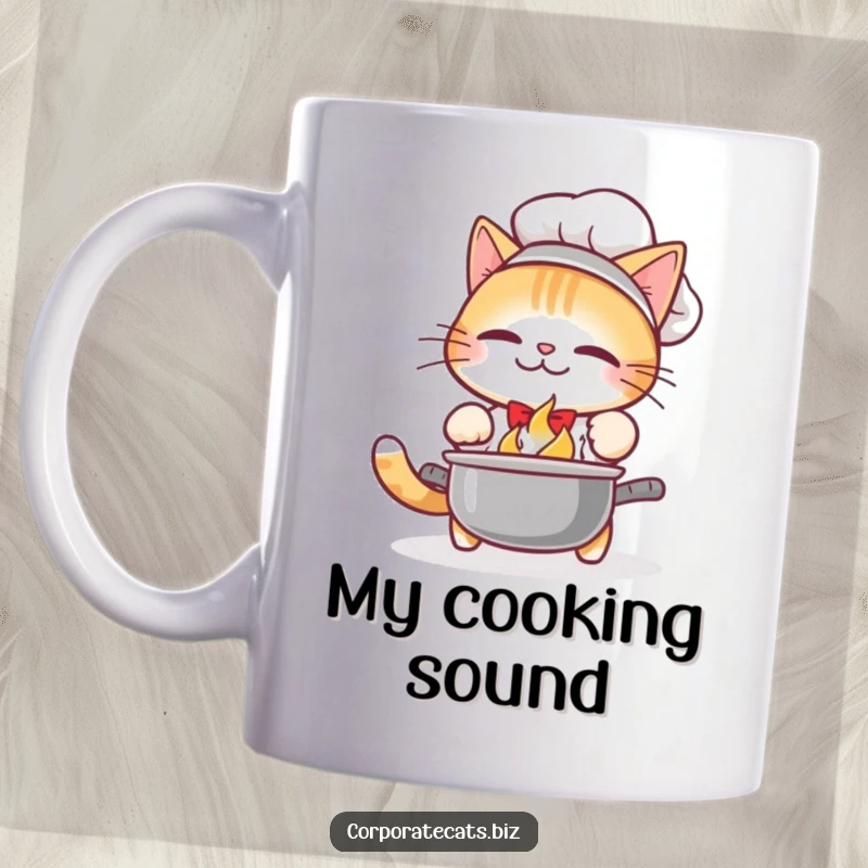 Funny Mug: A flustered cat chef drops a pot with a loud clang, scattering food and looking startled.