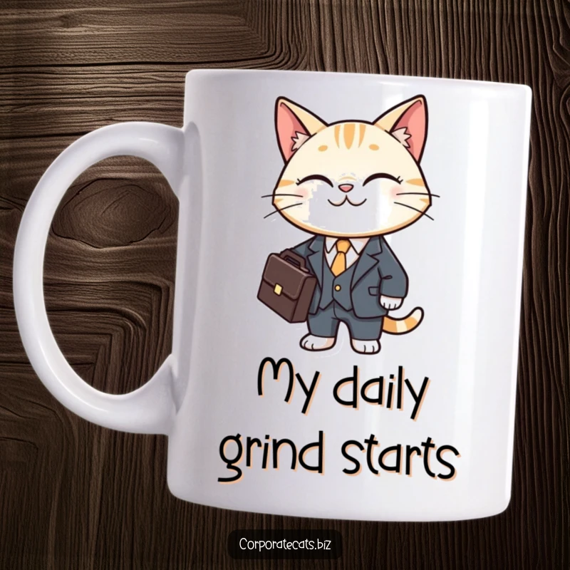 Funny cat mug showing a smiling feline character dressed in a miniature business suit, holding a briefcase.