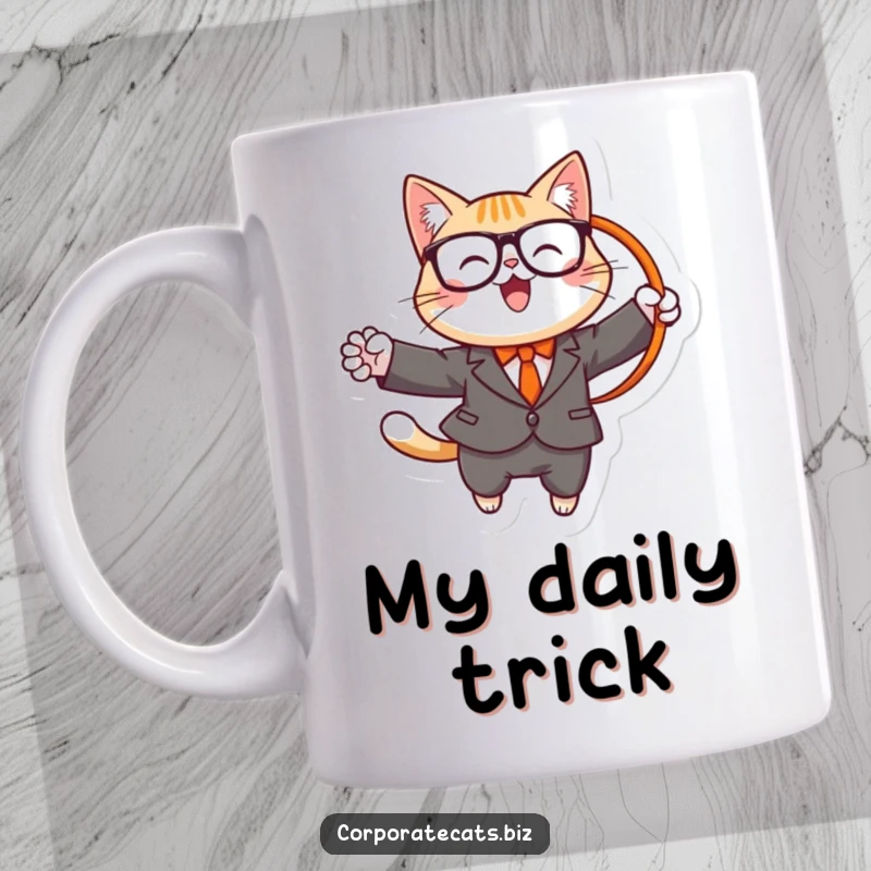 Funny mug showing a cheerful cat wearing a suit and glasses, energetically jumping through a hoop with a determined expression.