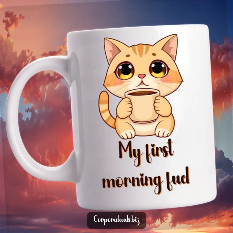 Funny mug featuring a surprised cat with enormous eyes clutching a steaming coffee cup, expressing morning shock and caffeine cravings.