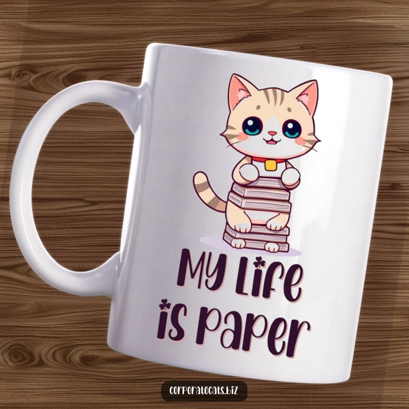 Funny office cat mug, a playful kitten with a name tag struggles to balance a tall stack of papers, embodying work stress humor.