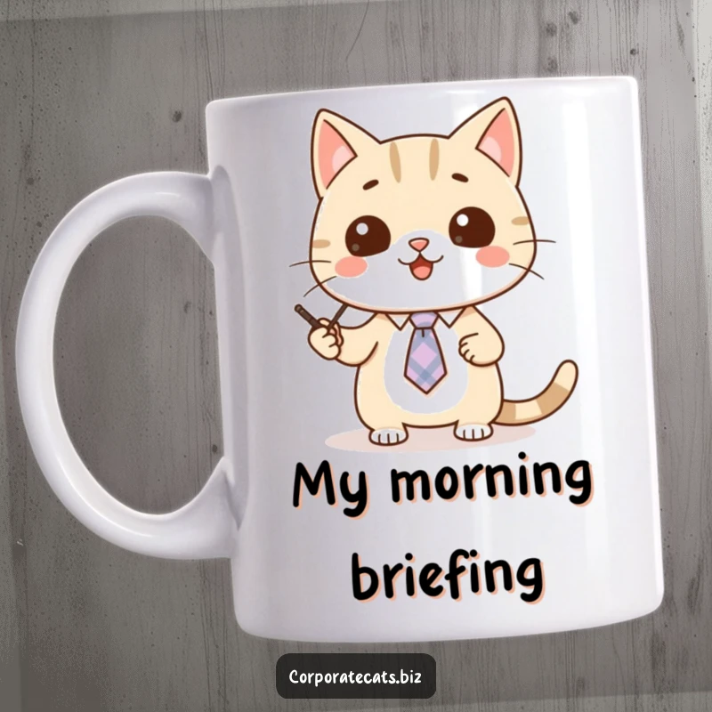 Funny cat mug showing a cute feline character wearing a tiny tie, enthusiastically giving a presentation with a pointer.