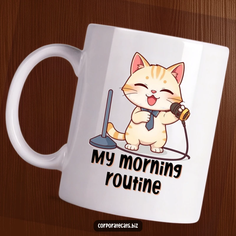 Funny Mug: A flustered cat wearing a tie trips over a microphone cord mid-presentation, looking embarrassed.