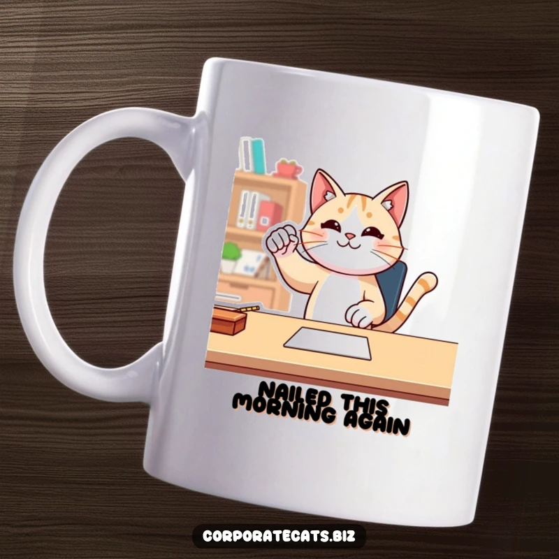 Funny cat character performs a triumphant fist pump at a desk, embodying success and celebration, on a humorous mug.