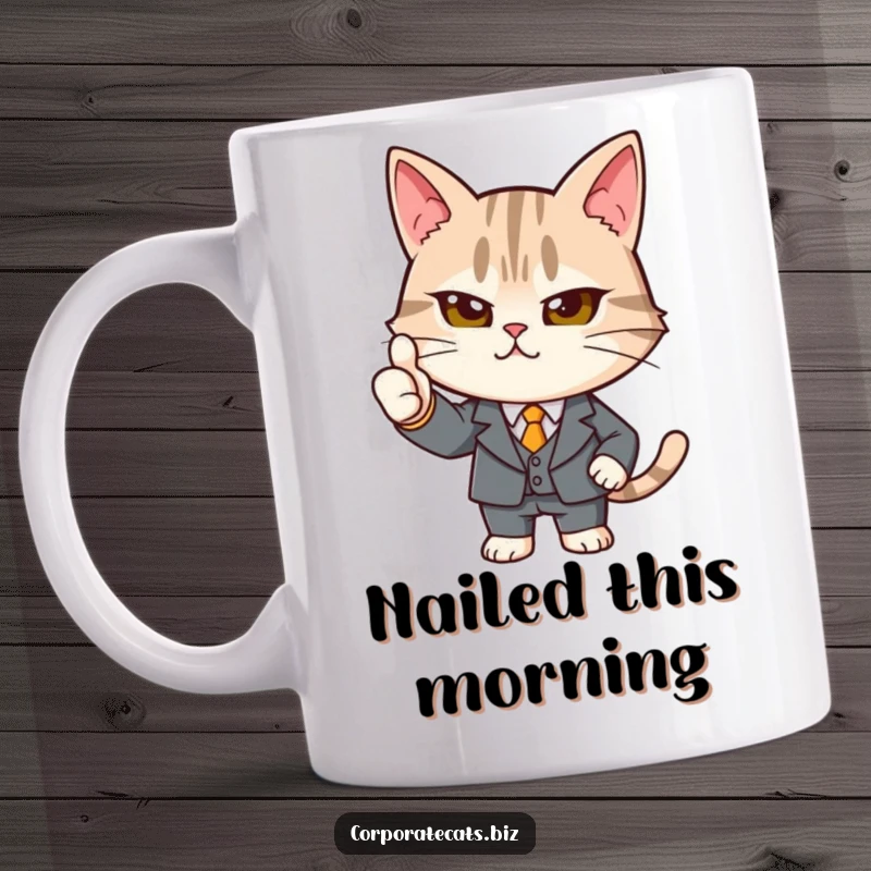 Funny determined cat in a tiny suit giving a strong thumbs-up, projecting confidence and success with feline charm for a humorous gift.