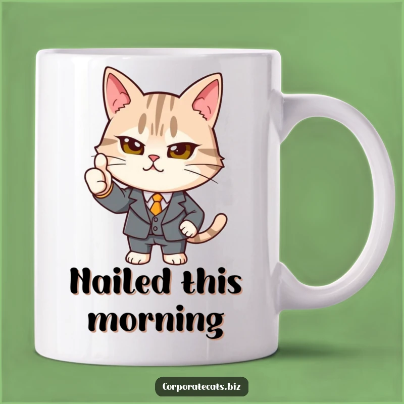Funny Determined Cat Suit Thumbs-Up Mug: Professional Feline Humor Gift