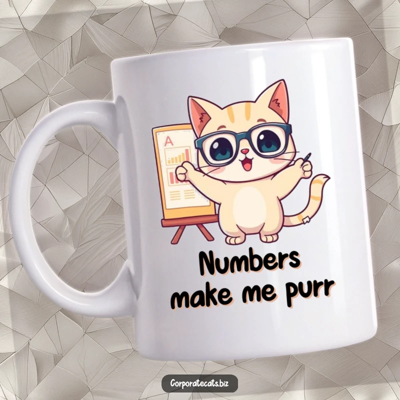 Funny cat with glasses excitedly points at a rising chart, representing analysis and success, on a humorous mug.