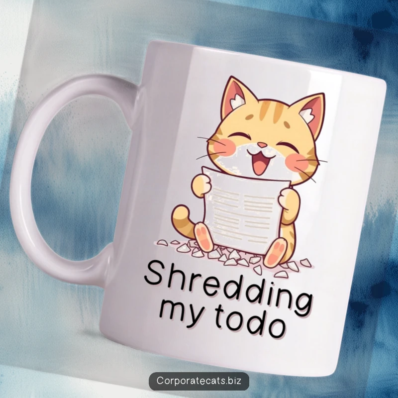 Funny mug with a cat gleefully shredding a document with its paws, embodying office frustration and feline mischief.