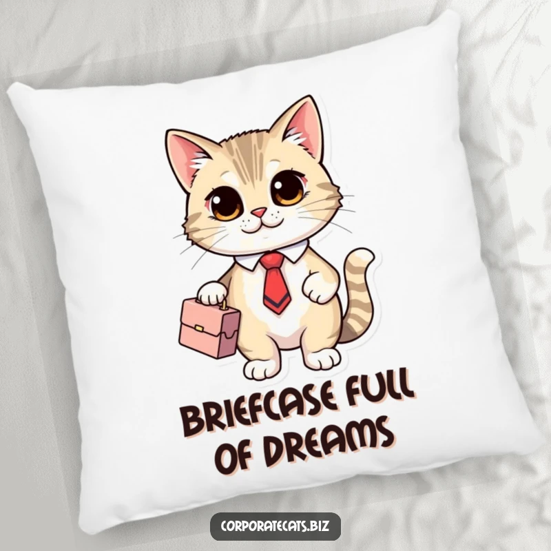 Funny Boardroom Cat Pillow: a cute cat character wearing a tie and holding a briefcase, designed for comfort and humor.