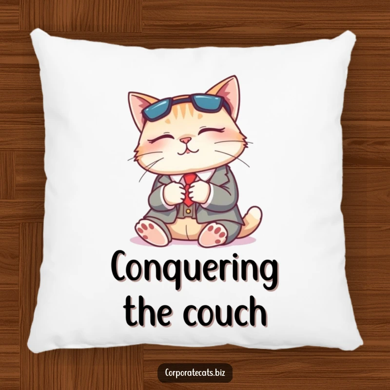 Funny pillow featuring a napping cat wearing a business suit, perfect for adding cozy humor and promoting relaxation.