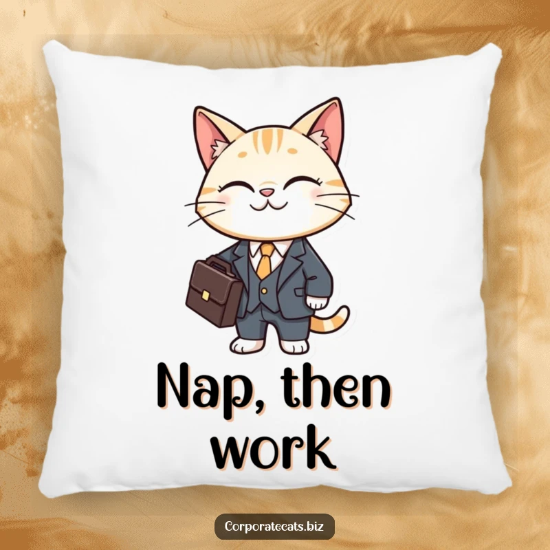 Funny cat pillow featuring a smiling cat character in a miniature business suit holding a briefcase.