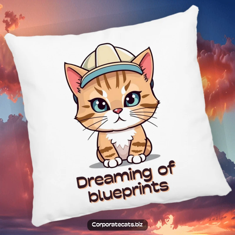 Funny pillow featuring a focused cat wearing a hard hat, ideal for adding cozy construction humor to a room.