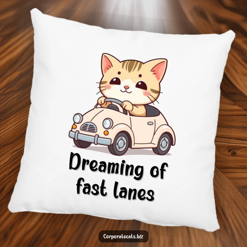 Funny pillow featuring a cute cat driving a small toy car. Soft, decorative, and filled with humor.