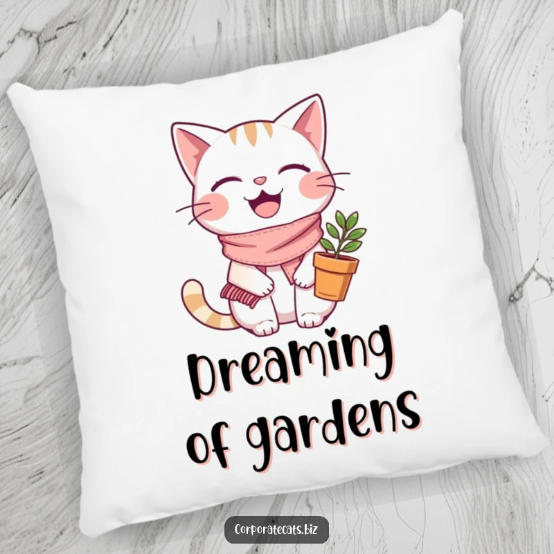 Funny joyful cat pillow, wearing a small scarf and holding a plant pot, a soft and charming decorative accent.