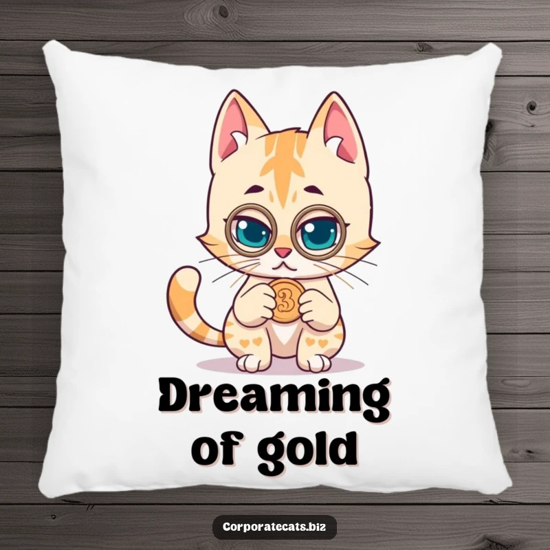 Funny pillow featuring a mischievous cat with a monocle examining a coin, offering humorous comfort and a touch of intrigue.