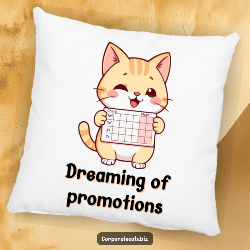 Funny pillow featuring a cheerful cat character presenting a small chart. Soft, decorative, and filled with professional humor.