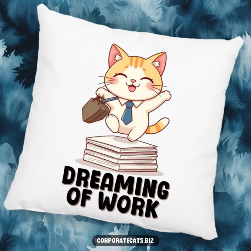 Funny pillow with a smiling cat wearing a tie, holding a briefcase, and leaping over papers, offering plush comfort and humor.
