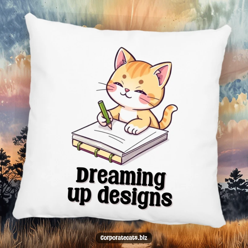 Funny pillow featuring a creative cat sketching in a notepad, providing artistic comfort and humor for sofas and beds.