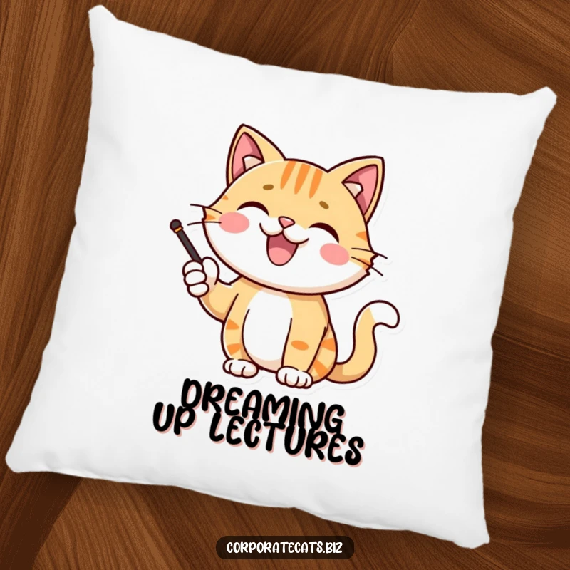 Funny joyful cat character giving a presentation with a pointer on a pillow, offering comfort and humorous design, perfect for a cozy gift.