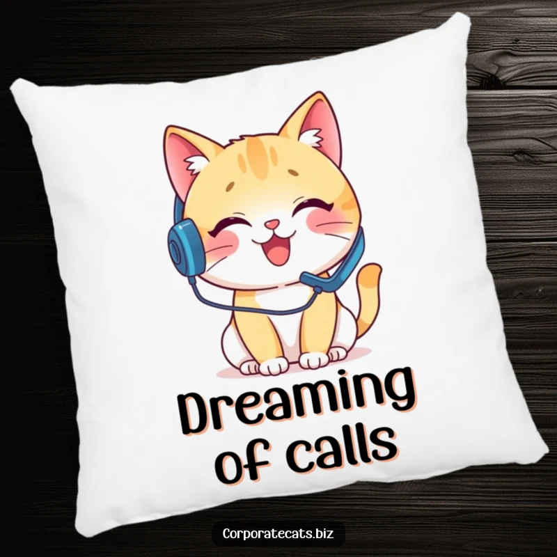 Funny decorative pillow featuring a delighted cat with a headset on a pretend phone call, offering comfort and humor.