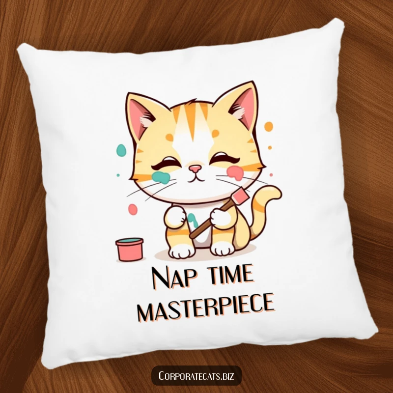 Funny Pillow: A cute cat artist looks surprised after smearing paint on its face, with colorful smudges. Comfy decor.