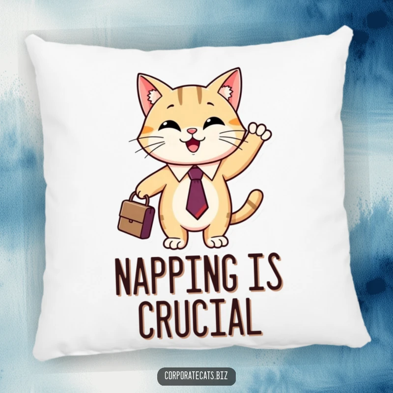 Funny cat briefcase pillow showing a smiling cat in a tie holding a small briefcase, perfect for cuddling.