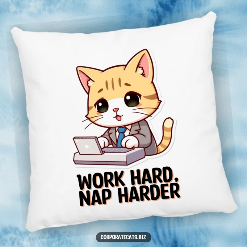 Funny cat wearing a suit and tie, typing on a keyboard, printed on a soft decorative pillow.