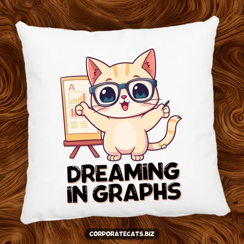 Soft pillow featuring a funny cat in glasses pointing at a chart, bringing humorous comfort and intellect.