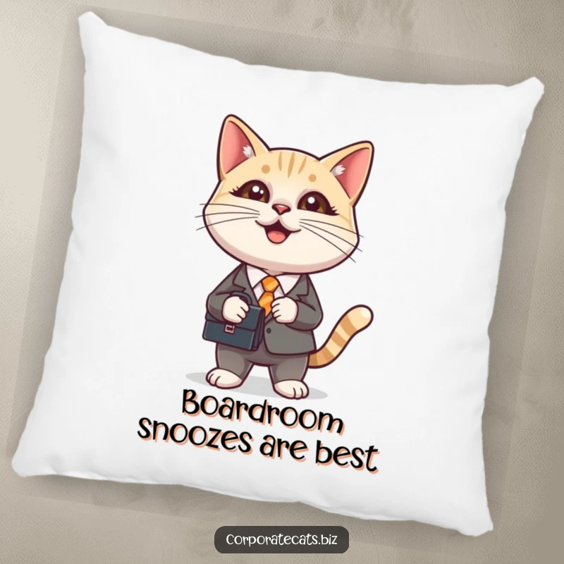 Funny pillow featuring a dapper cat in a miniature suit carrying a briefcase, adding cozy humor to any living space.