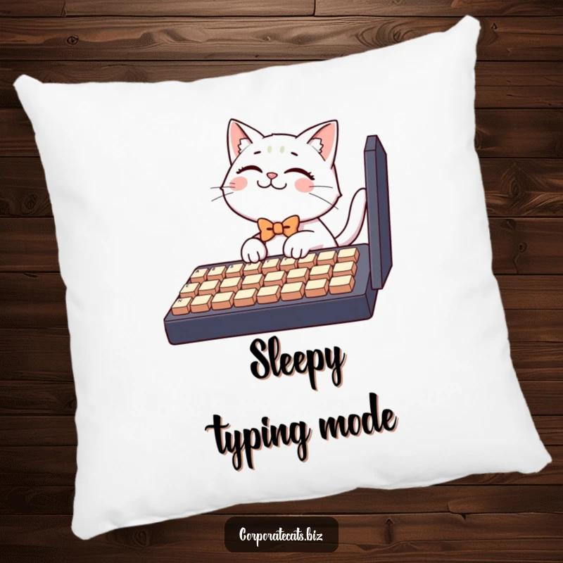 Funny cat pillow, a giggling cat character with a tiny bowtie attempting to type on a large keyboard, perfect for cozy tech humor.