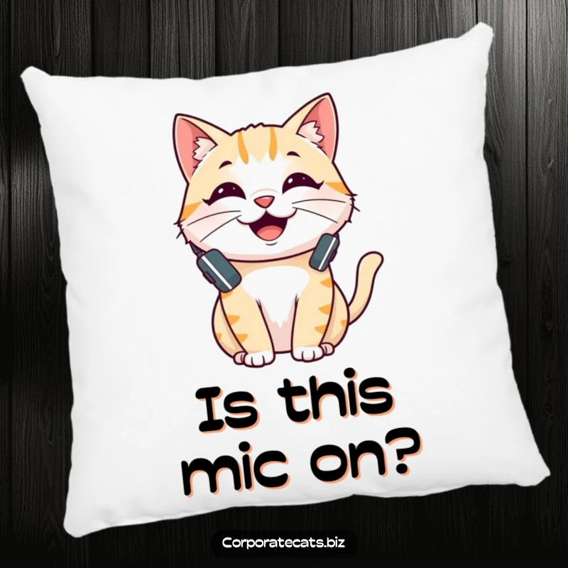 Funny pillow featuring a cheerful cat with a headset, ready to chat, providing comfort and humor for sofas and beds.