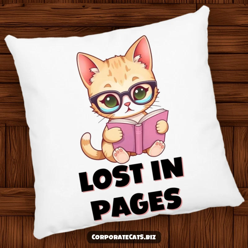 Funny pillow featuring a curious cat wearing glasses and engrossed in a tiny book, adding cozy literary humor.