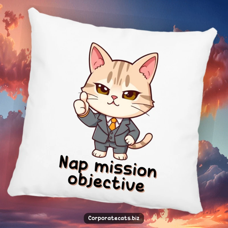 Funny determined cat pillow in a tiny suit giving a strong thumbs-up, a soft and humorous decor item for adding professional charm.
