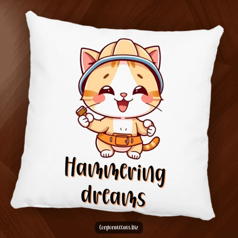 A cute and funny cat wearing a hard hat with a hammer, designed for comfort on a plush pillow, bringing construction humor.