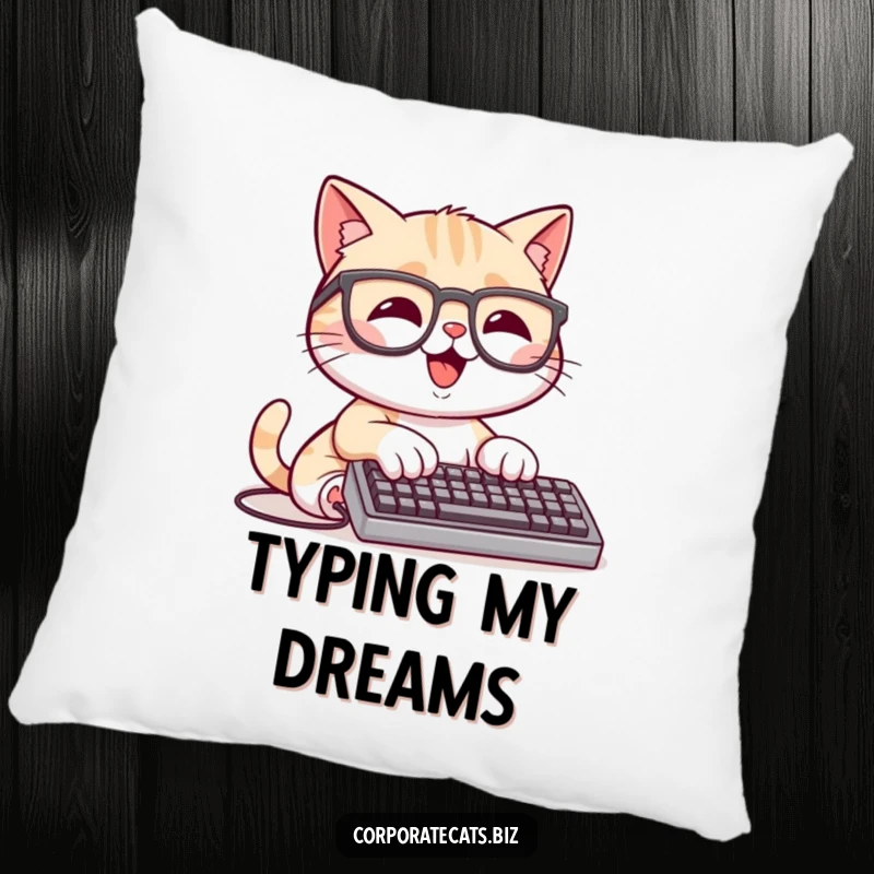 Funny Keyboard Cat Pillow: a happy cat character wearing glasses and typing on a tiny keyboard, designed for comfort and laughs.
