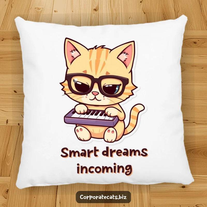 Funny cat pillow featuring a mischievous cat character wearing glasses and typing on a tiny keyboard, exuding smarts.