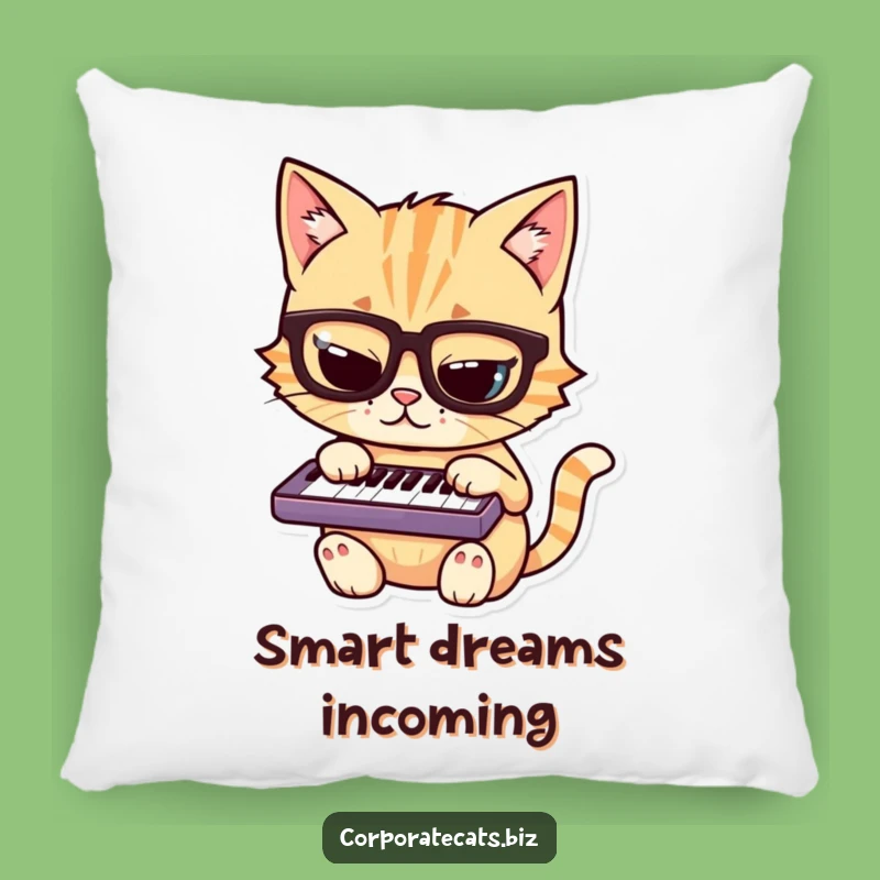 Funny Mischievous Cat Pillow: Cozy Feline in Glasses Playing Keyboard, Plush Funny Gift Comfort!